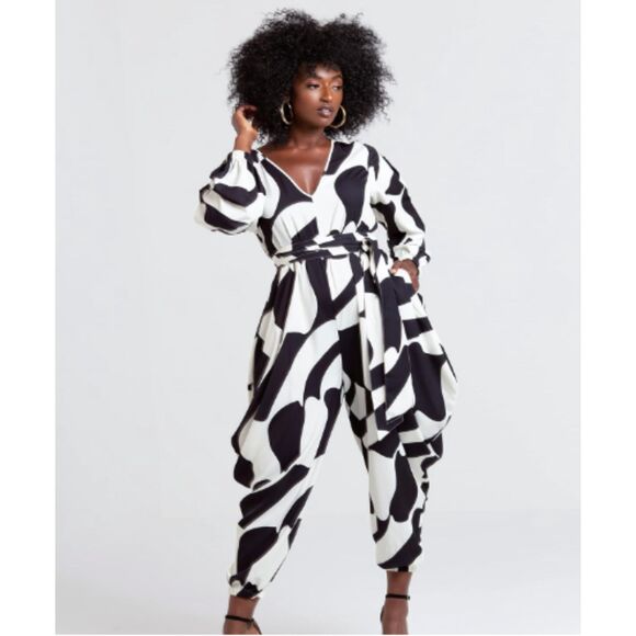 Jibri Pants - Jibri x The Drop Black/Whisper White Print V Neck Jumpsuit Size XXL